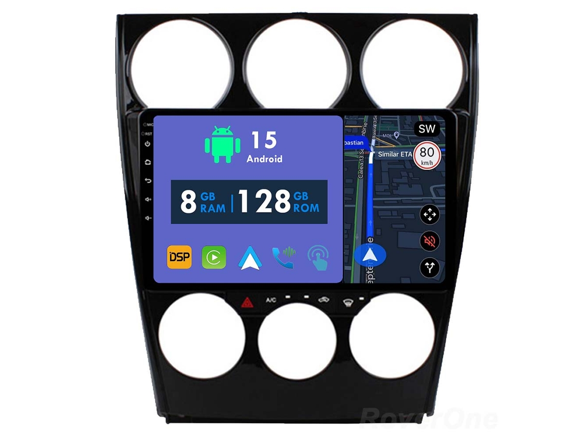 Auto Rádio Carro Bluetooth Autoradio 8GB RAM 128G ROM CarPlay Navegação GPS Ecrã Táctil RoverOne para Mazda 6 2002-2008  