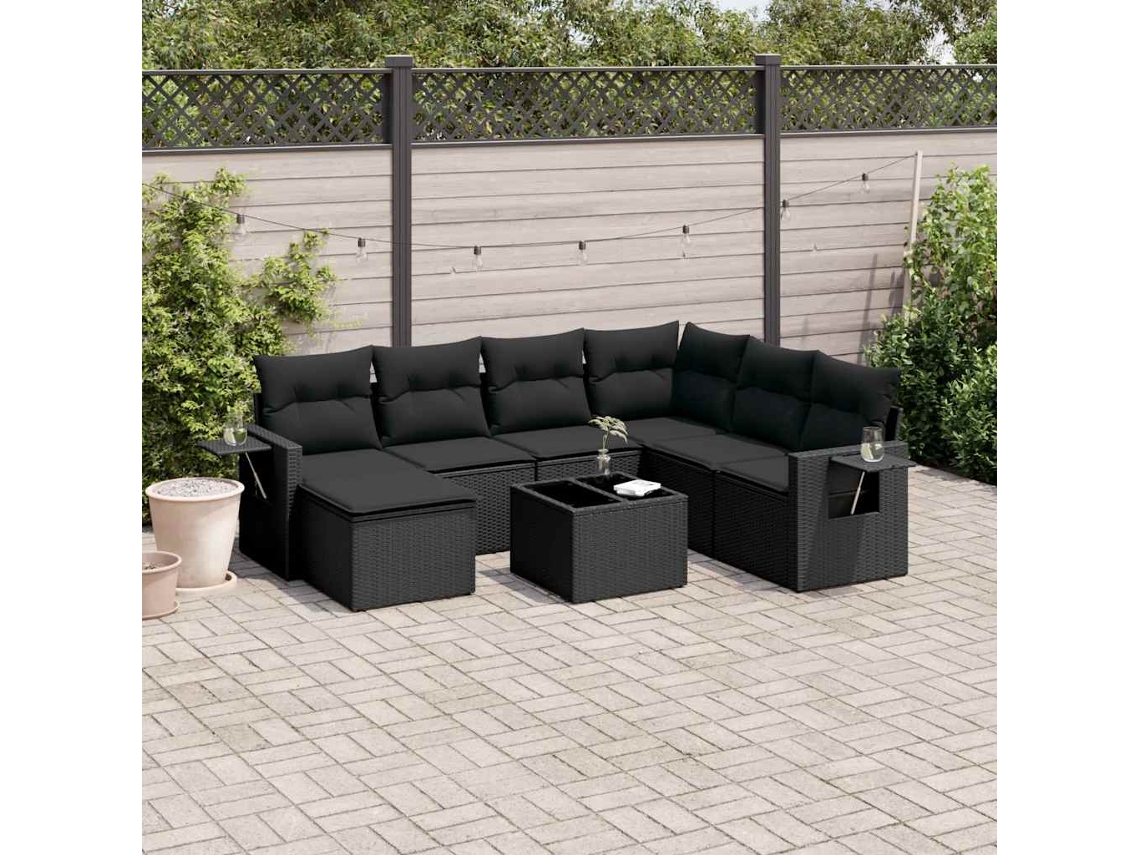 Vidaxl 8 Pcs Conjunto Sofás de Jardim com Almofadões Vime Pe Preto