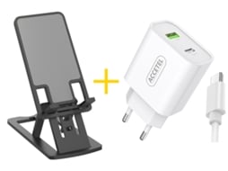 Pack Office Suporte ACCETEL NE5150 + Cabo Type C + Carregador para Apple iPhone 16 Plus ACCETEL AC527 1 X USB + 1 X Type-C 12W 2.4A Preto