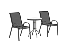 Conjunto Bistrô 3 Peças Móveis De Jardim Resistente Às Intempéries Mesa Vidro + Cadeiras Empilháveis Preto