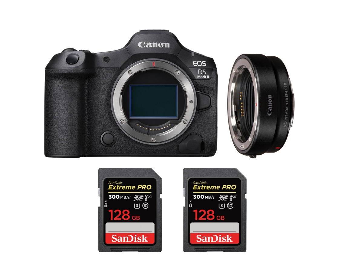 Eos R5 Mark Ii + Ef eos R + 2 Sandisk 128gb Uhs ii 300mb/s + Ebook “20 Dicas para Fotos Que Impressionam” CANON