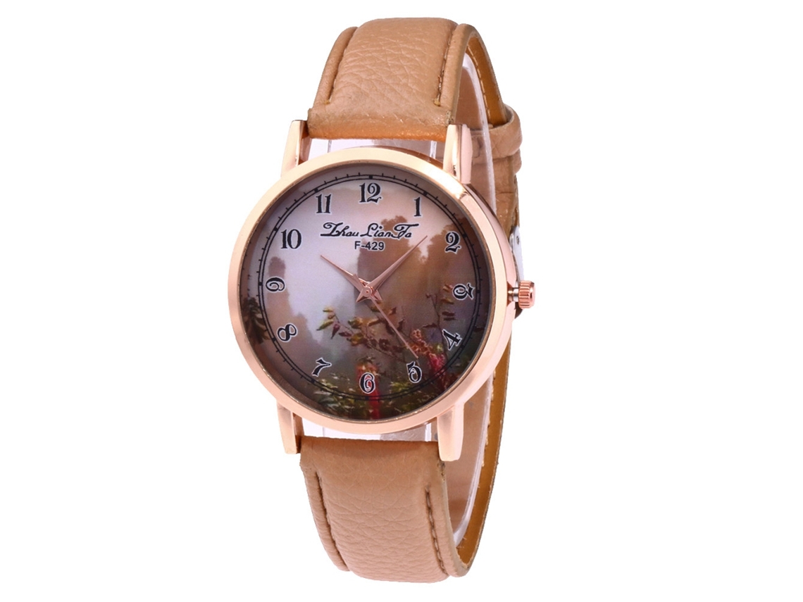 Relógio de Pulso de Quartzo Leisure com Pulseira de Couro Bege Design Elegante