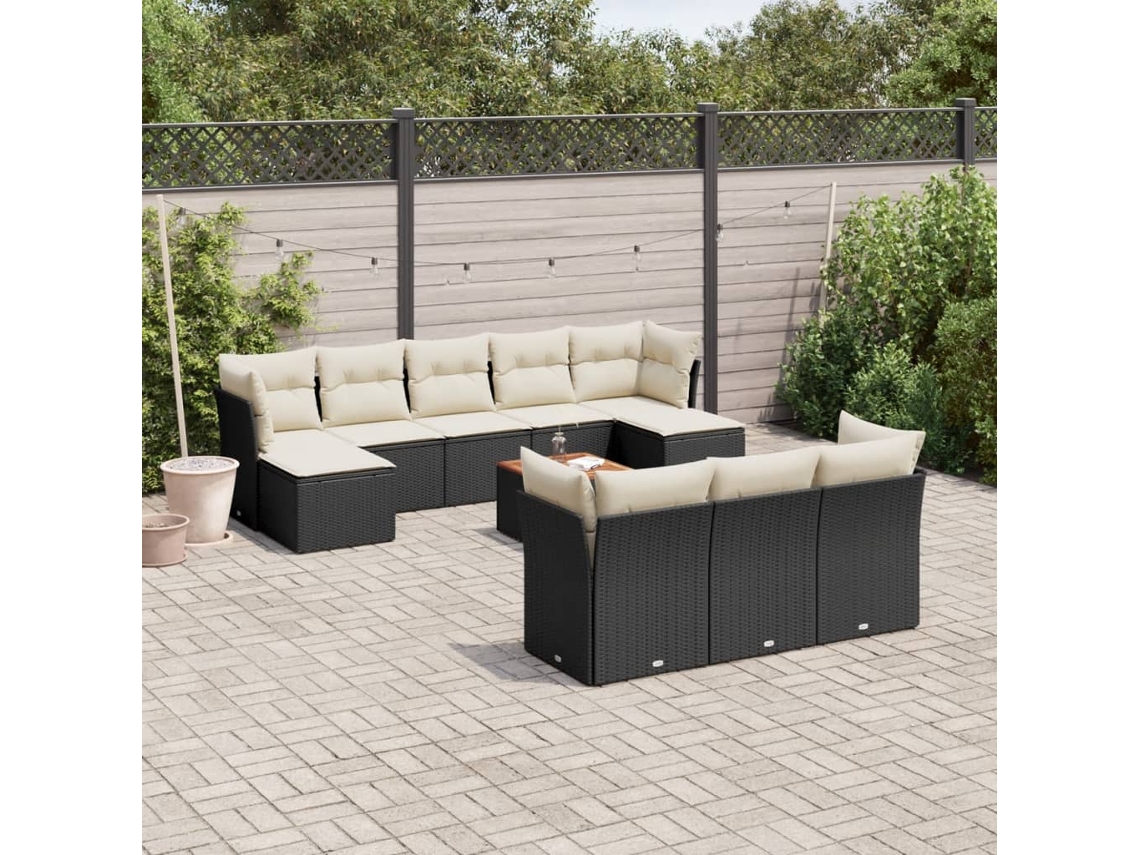 Vidaxl 11 Pcs Conjunto Sofás De Jardim C/ Almofadões Vime Pe Preto