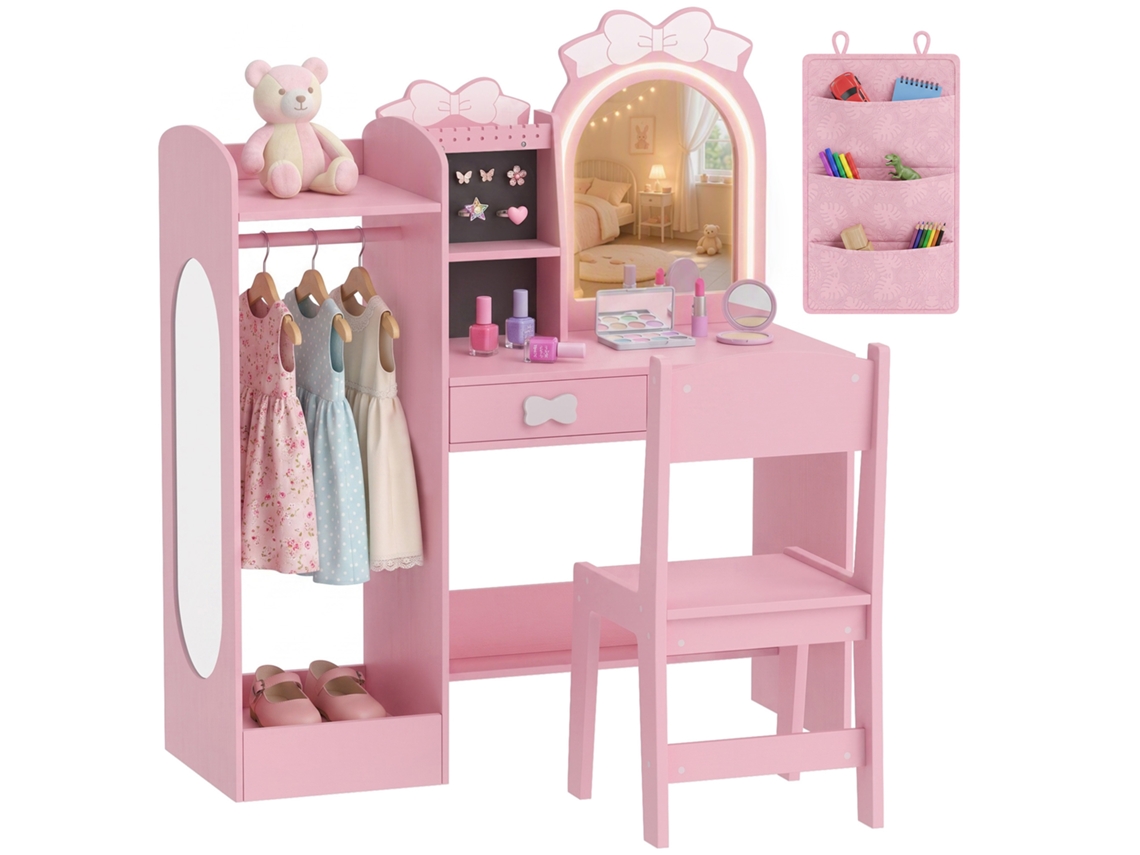 Penteadeira Infantil Com Banquinho E Espelho, Guarda-roupa, Gavetas, Rosa