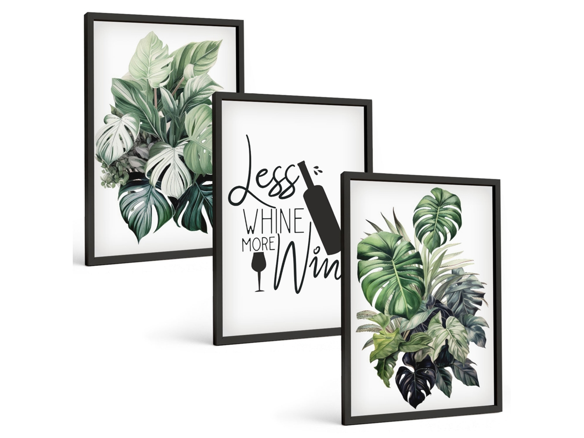 Composição De Quadros Folhas De Plantas Em Vinho Verde Moldura Preta Fotos Para O Escritório Espelharte (3 Piezas De 40x60 Cm)
