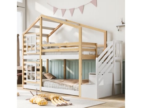 Cama Infantil Casa Na Árvore 90 X 200 Cm,beliche Para Crianças Em Construção De Janela Com Armazenamento E Proteção Contra Ehstmind (sem Colchão)