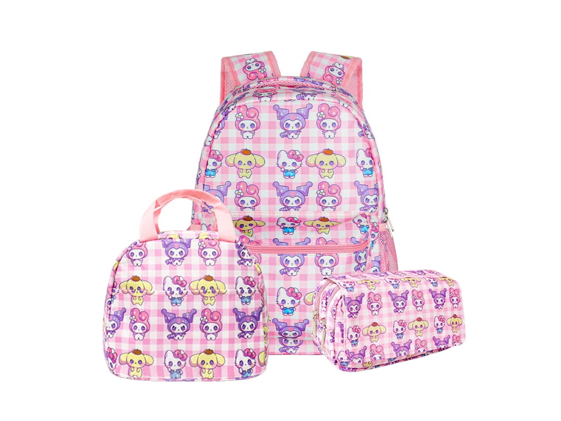 Conjunto De Três Peças De Mochila Infantil Com Padrão Xadrez Rosa: Mochila Escolar Com Alças, Lancheira Térmica E Estojo, Modelo 8
