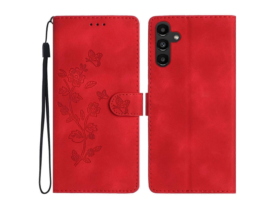 Capa Para Samsung Galaxy A53 5g Em Couro Com Estampa Floral Em Relevo E Alça De Pulso, Perfurada