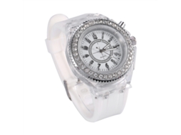 Relógio unissex de quartzo com silicone, strass, cristal, formato redondo analógico esportivo branco.