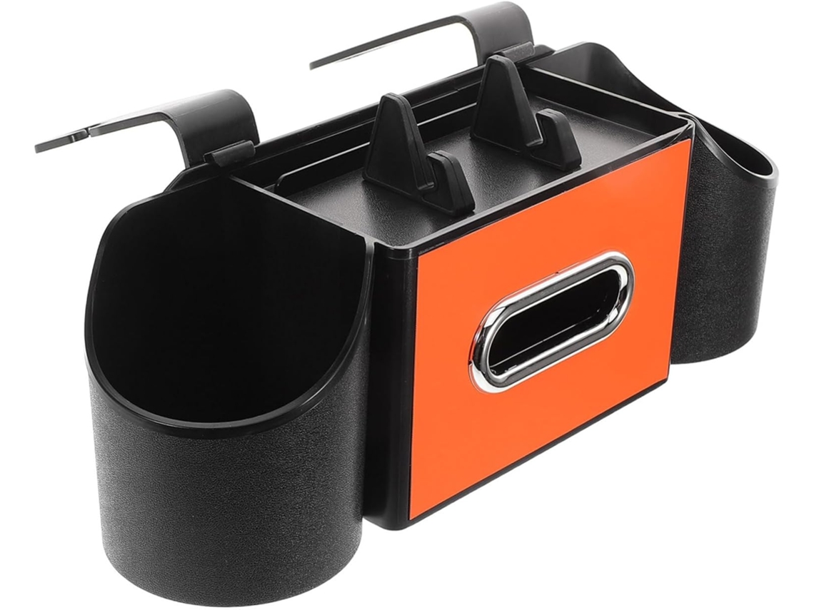 Organizador para banco traseiro de carro com porta-moedas e suporte para lentes.