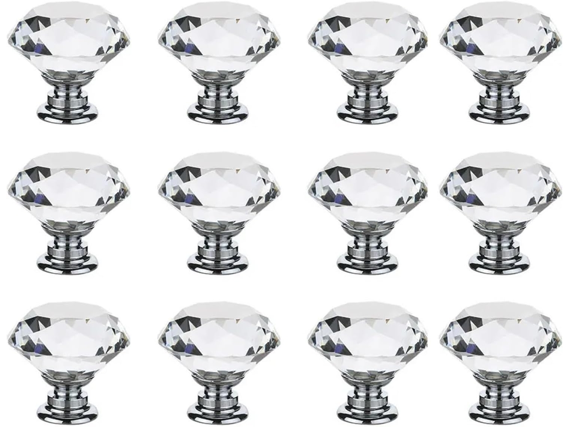 Conjunto De 6 Puxadores Gaveta Em Formato Diamante 30mm Com Cristais Vidro Ideais Para Armários Cozinha, Portas De