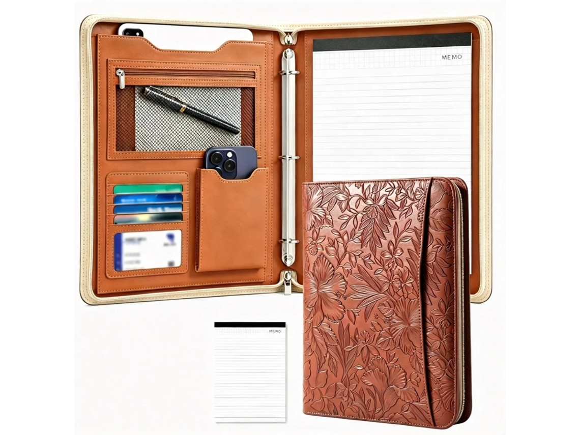 A4 Leather Multi Functional Zippered Portfolio, 3-ring Executive Binder, Embossed Print, Brown Cover With 25 A4
