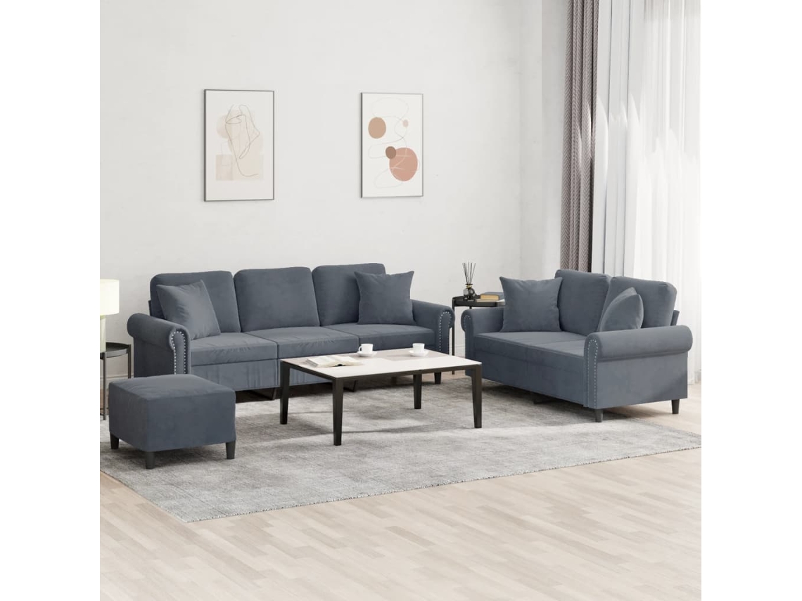 Vidaxl 3 Pcs Conjunto De Sofás Com Almofadas Veludo Cinzento-escuro
