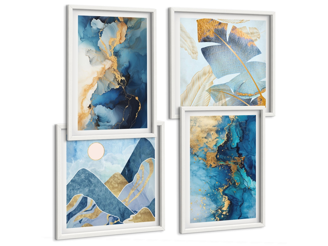 Quadros Decorativos Para Parede Montanhas Azuis, Padrões Abstratos Moldura Branca Imagens Para Um Quarto Infantil Espelharte (conjunto De 4 Imagens)