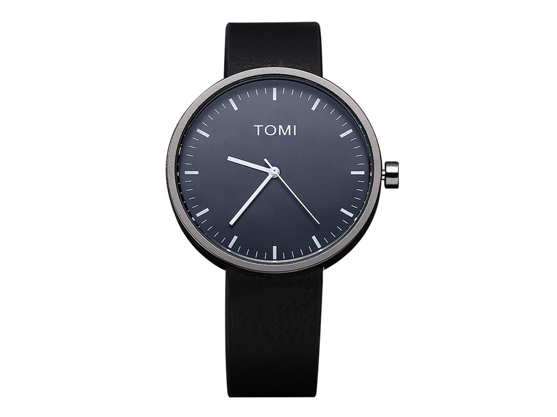 Relógio masculino Tomi Fashion, pulseira de PU, mostrador redondo, quartzo, preto
