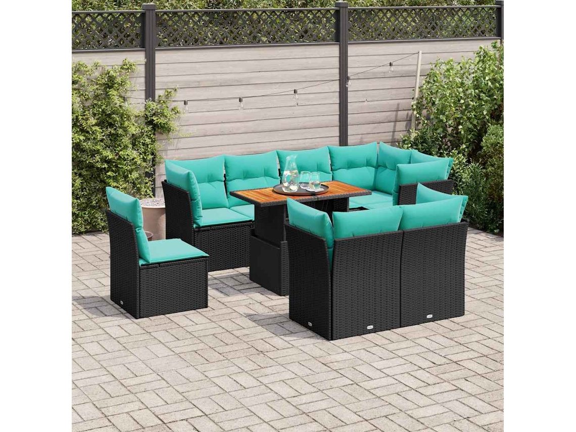 Vidaxl 9 Pcs Conjunto De Sofás P/ Jardim C/ Almofadões Vime Pe Preto