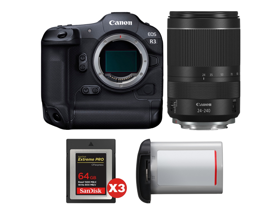 Eos R3 + Rf 24 240mm F/4 6.3 Is Usm + 3 Sandisk 64gb Extreme Pro Cfexpress Type B + Canon Lp e19 + Ebook “20 Dicas para Fotos Que Impressionam” CANON