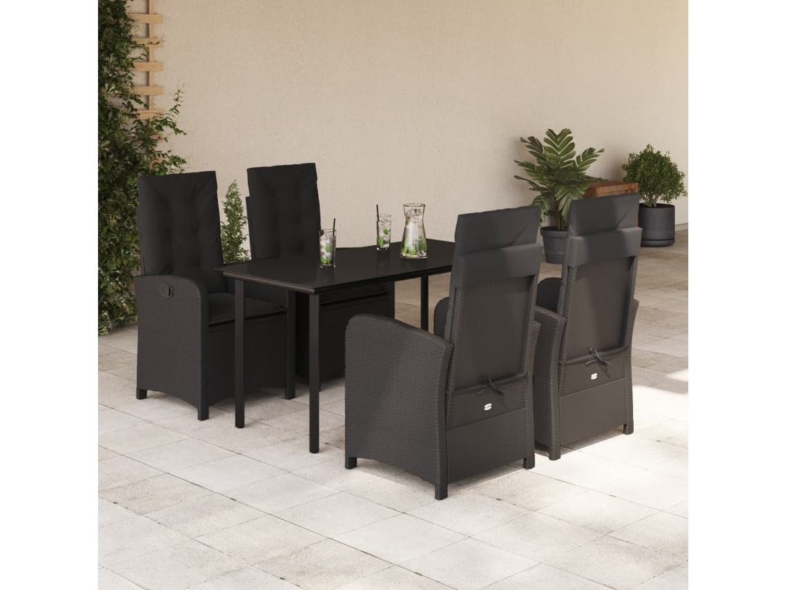 Vidaxl 5 Pcs Conjunto De Jantar P/ Jardim C/ Almofadões Vime Pe Preto