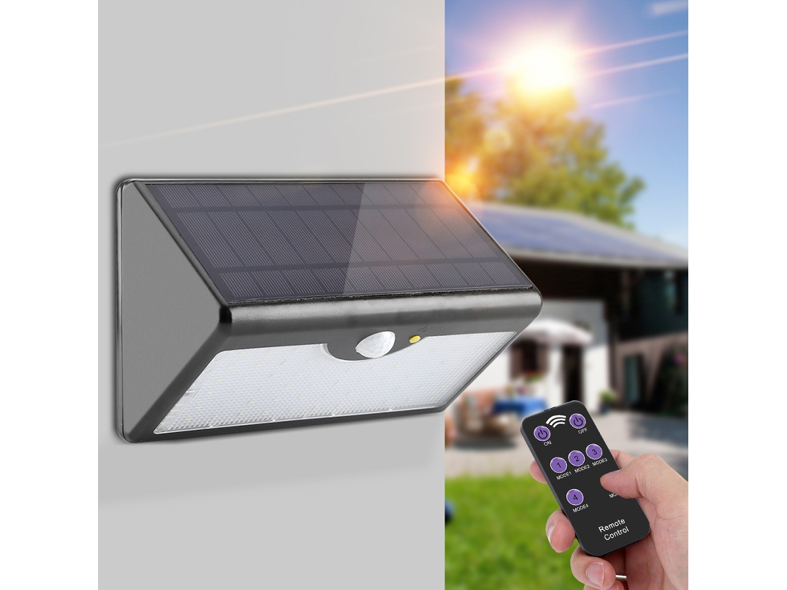 Lurelia Luminária Solar Led Com 60 Led, 3,5 W, 1300 Lm, Sensor Pir, Controlo Remoto, 5 Modos, Ip65, Recarregável, Branco Quente, Para Exterior
