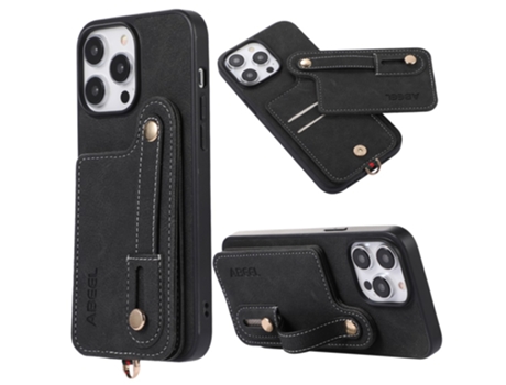 Suporte Casa Textura Lichia Para Iphone 14 Pro Max Abeel Pele Sintética Com Porta-cartões Preto