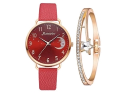 Relógio Feminino De Quartzo Com Mostrador Em Padrão De Lua E Pulseira De Pu, Cor: Vermelho + Pulseira.