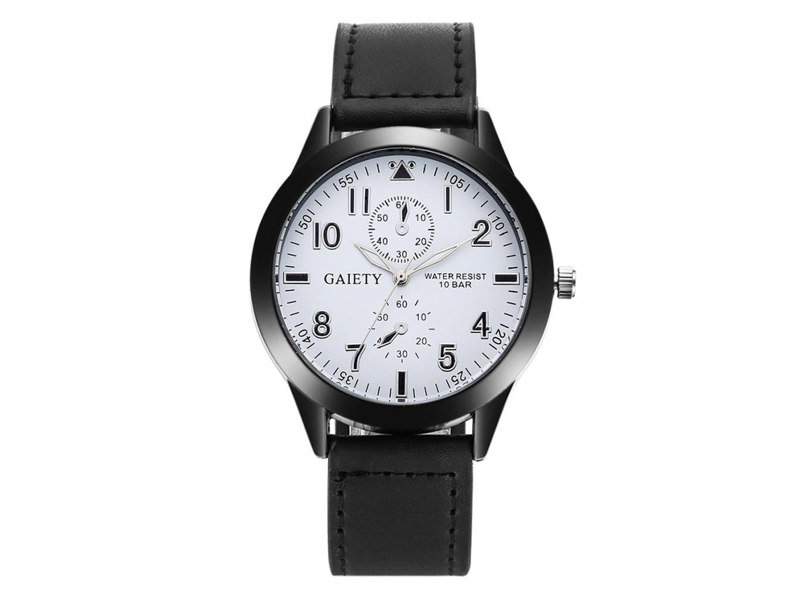 Relógio masculino Gaiety, analógico, de quartzo, com pulseira de PU e mostrador redondo preto.