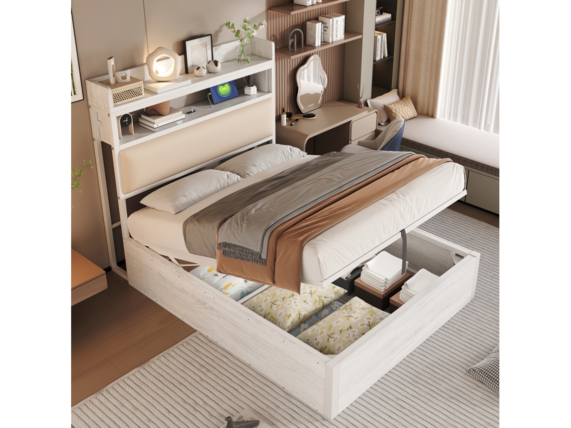 Bettrahmen 90x200 Cm, Cama Individual Moderna, Cabeceira Acolchoada, Elevação Hidráulica, Usb, Madeira E Metal, Armazenamento Oculto, Branco