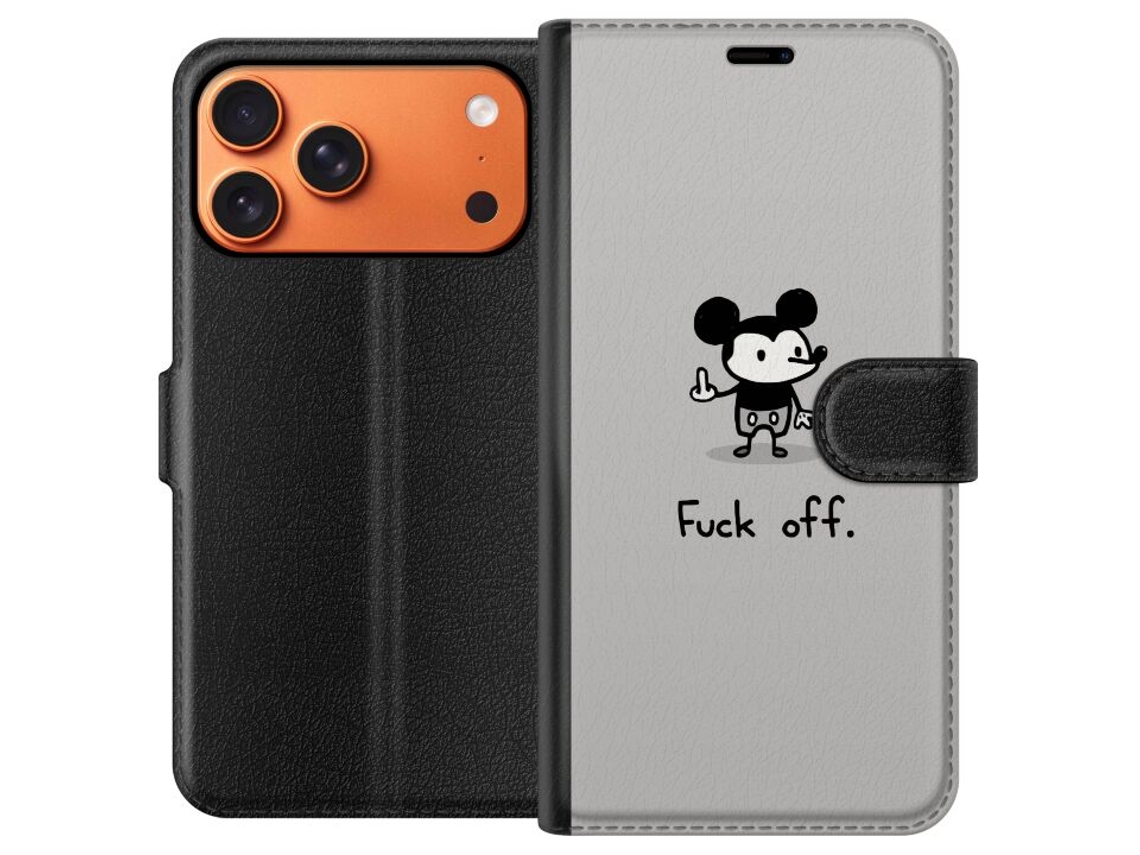 Capa Carteira Compatível Com Apple Iphone 17 Pro Max. Mouse Minimalista De Desenho Animado Com Gesto E Palavrão Curto Em Fundo Escuro, Humorístico E P
