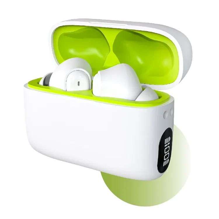 Fones de ouvido sem fio Bluetooth 5.3 (brancos) com controles de toque e microfone.