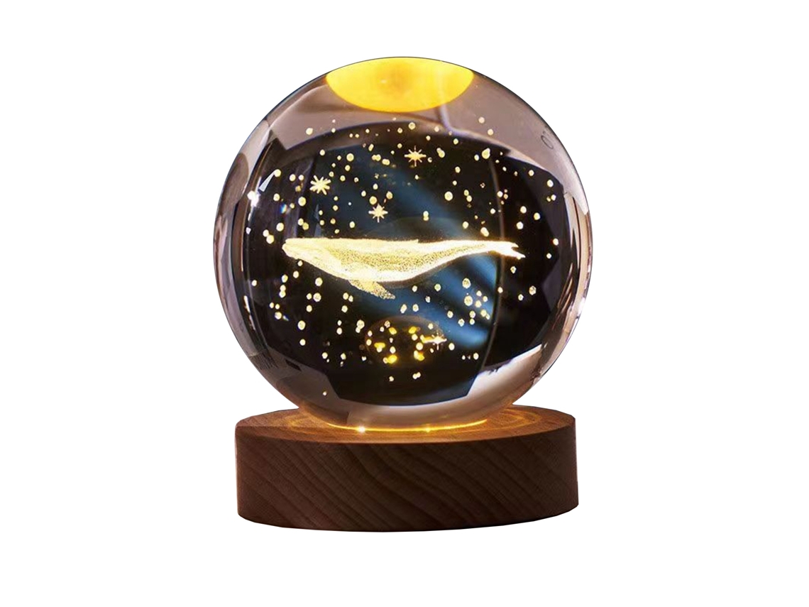 Bola de Cristal 3d Luminosa com Base de Madeira 8cm Luz Noturna