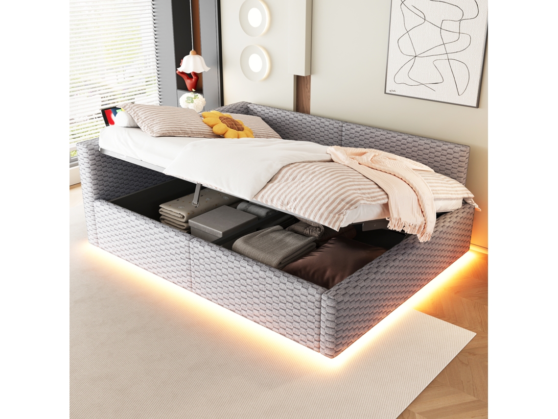 Cama Estofada 140x200 Led Usb-c L Veludo Hidráulico Cinza