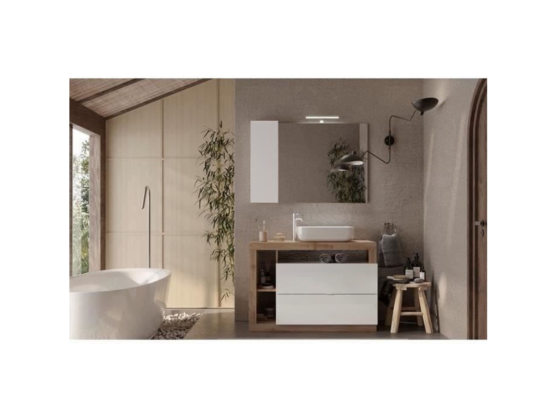 Conjunto de móveis de casa de banho - Lavatório + 2 gavetas + 3 nichos - Cor carvalho claro e lacado branco AUCUNE