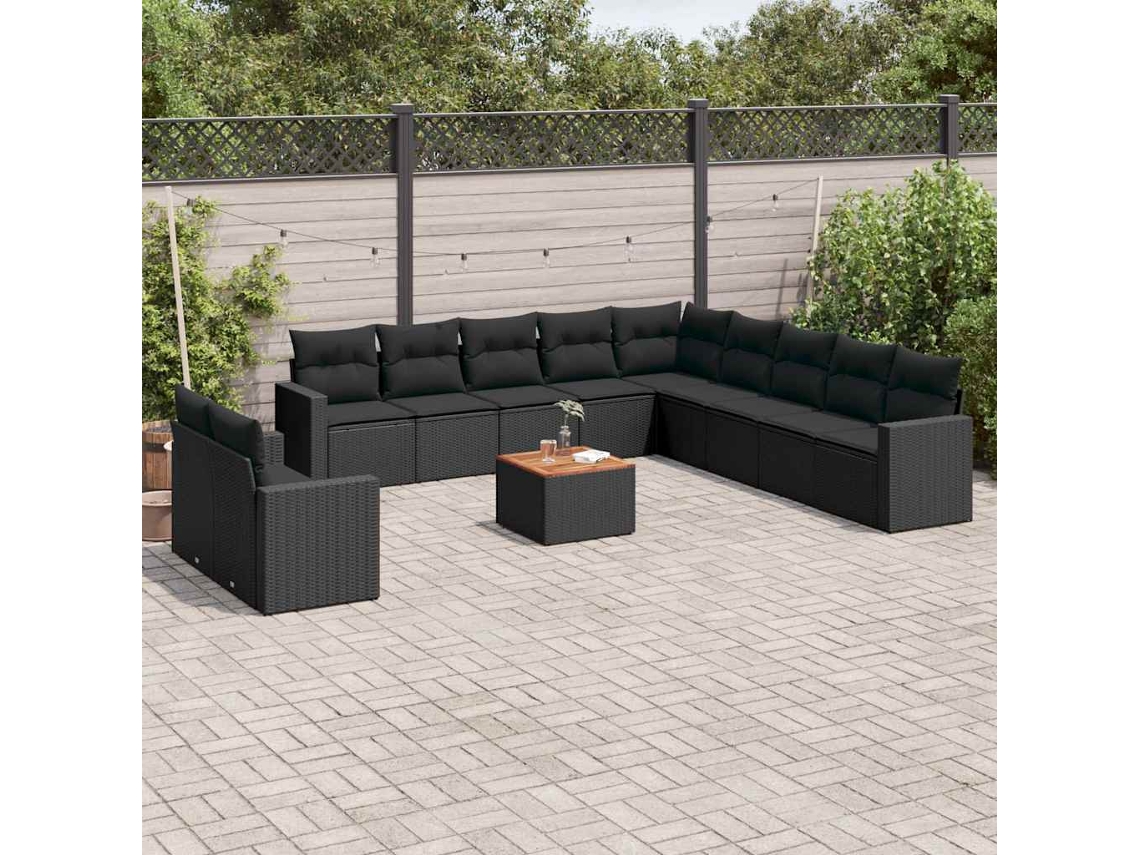 Vidaxl 12 Pcs Conjunto De Sofás De Jardim C/ Almofadões Vime Pe Preto