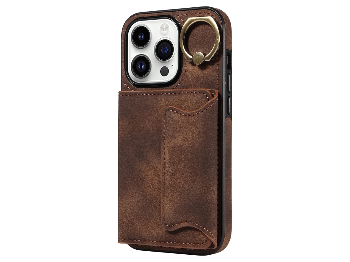 Suporte Casa Para Iphone 15 Pro Max Pele Sintética Com Porta-cartões Castanho