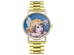 Relógio de Pulso Feminino Zhoulianfa Quartzo Analógico Pulseira de Aço com Padrão de Anjo