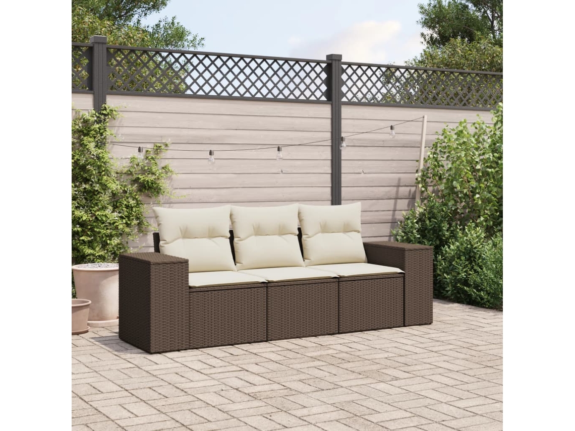 Vidaxl 3 Pcs Conjunto Sofás De Jardim Com Almofadões Vime Pe Castanho