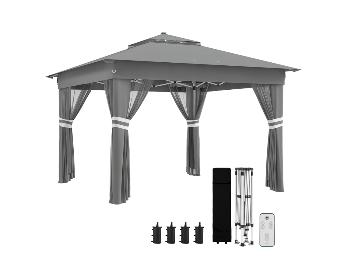 Gazebo de jardim com ajuste de altura e luzes LED em aço e tecido Oxford (270 Cm, 336x336x250) Cinza