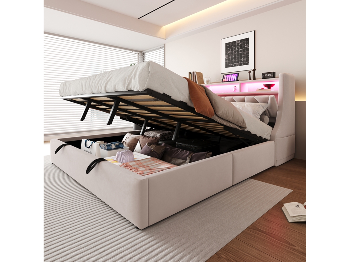 Polsterbett 180x200 Cm Com Armazenamento Hidráulico Led Bege Veludo