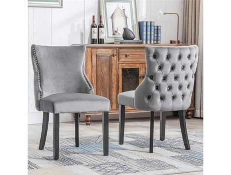 Cadeira De Sala De Jantar Dreammespace Conjunto De 2 Veludo Cinza Estofada Madeira Maciça