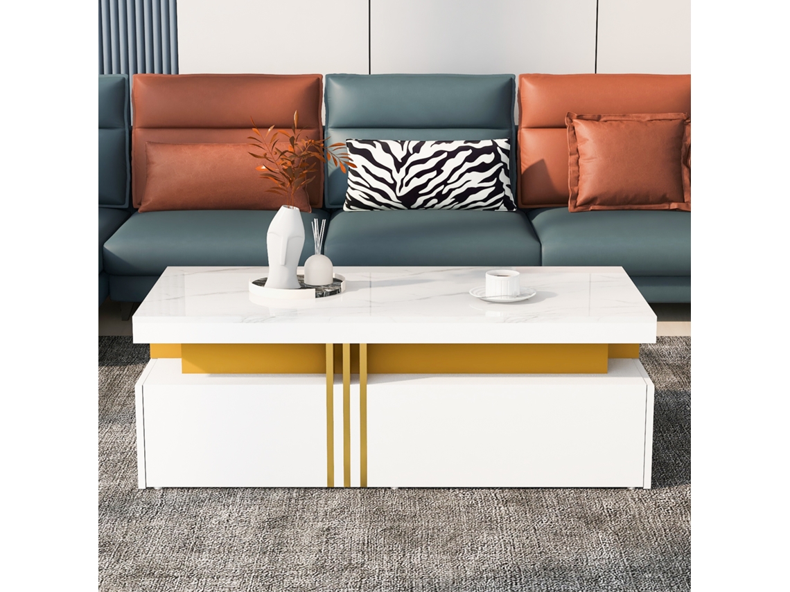 Mesa Centro 100x50x40 Brilho Mármore 2 Gavetas Sala Moderna Elegante