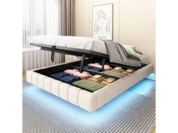 Cama Estofada 140x200cm, Cama Flutuante Hidráulica Com Baú, Multifuncional Sem Cabeceira, Luz Led, Linho Bege.