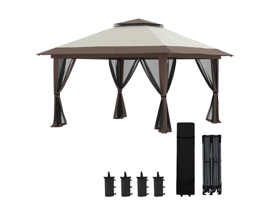Gazebo Pop up 4x4m Bege com teto duplo, proteção UV 50+ e 4 mosquiteiras com zíper | S/MARCA