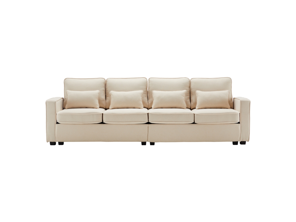 Móvel estofado contemporâneo linho para quatro ocupantes com apoios laterais e travesseiros, linha minimalista em três tonalidades