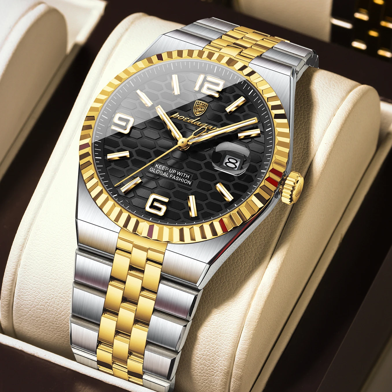 (Dourado e Preto) Elegante relógio de quartzo masculino para negócios, resistente à água e com contador de dados luminoso.