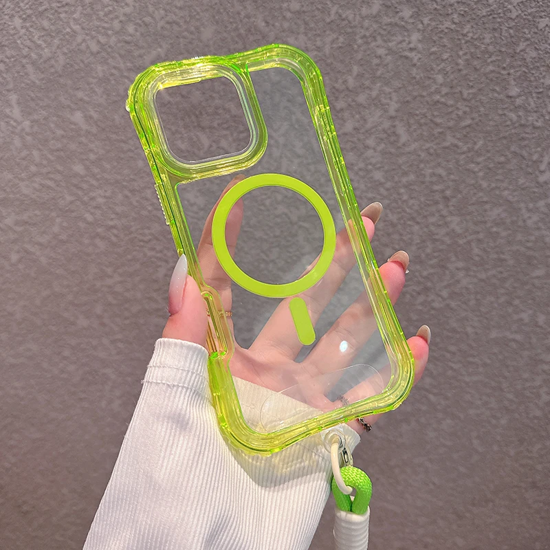 Capa Para Celular À Prova De Choque (verde Fluorescente, Iphone 12 Pro Max) Com Cordão E Proteção Para Carregamento Magnético.