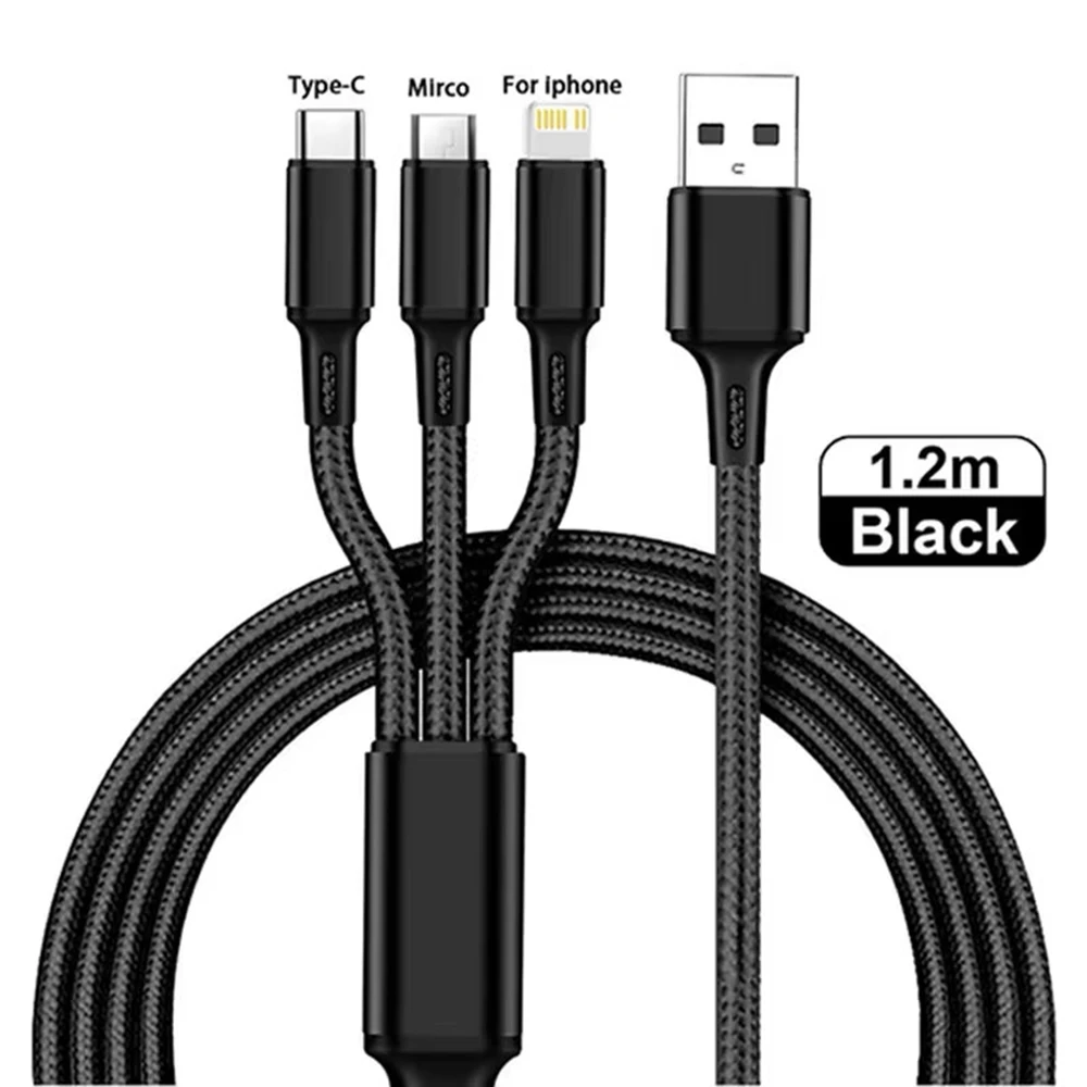 Cabo De Carregamento 3 Em 1 (preto, 1,2 M) Com Várias Portas Usb, Cabo De Carregamento Tipo C/micro Usb.