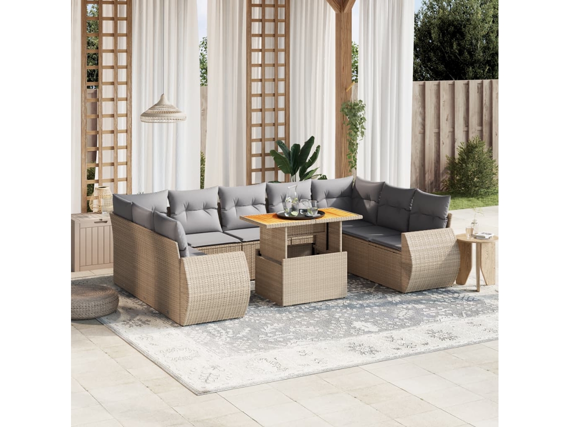 Vidaxl 10 Pcs Conjunto De Sofás P/ Jardim Com Almofadões Vime Pe Bege