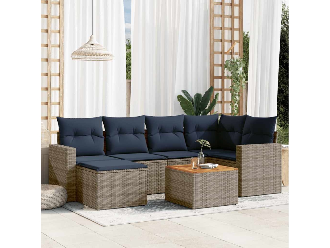 Vidaxl Conjunto De Sofá De Jardim Com 7 Peças E Almofadas Em Rattan Sintético Cinza