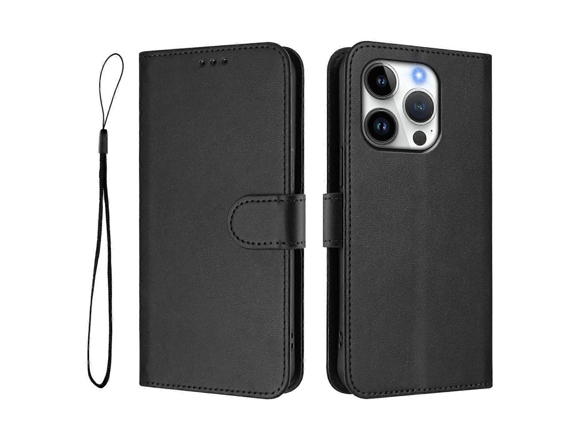 Capa Tipo Carteira Para Iphone 16 Pro Com Bloqueio Rfid E Textura De Couro De Bezerro, Com Suporte E Alça, Preta