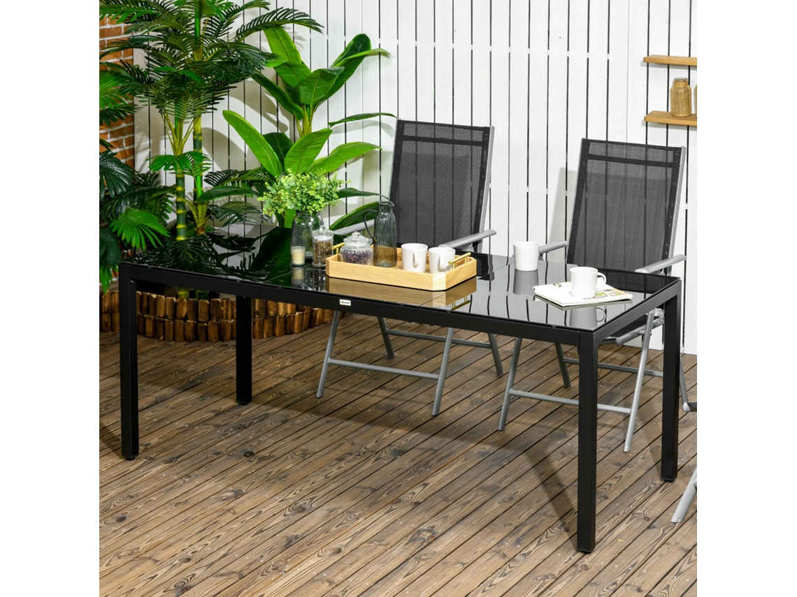 Mesa Retangular Para 8 Lugares Em Alumínio Preto Com Tampo De Vidro Temperado, Ideal Para Jardim